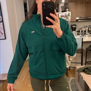 Figs Women's Emerald Green Zip-Up Bomber Jacket